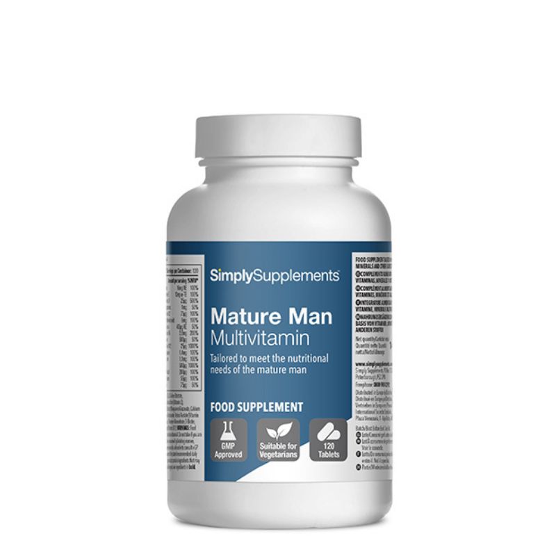 Frasco de suplemento con la etiqueta «Multivitaminas para Hombre Simply Supplements», de color azul sobre fondo blanco.