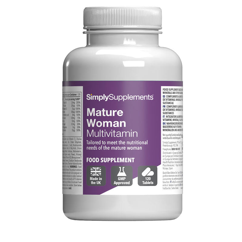 Frasco de suplemento con la etiqueta «Multivitaminas para Mujer Simply Supplements», de color morado sobre fondo blanco.