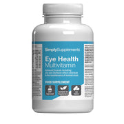 Frasco de suplemento con la etiqueta «Multivitaminas Salud Ocular Simply Supplements», de color celeste sobre fondo blanco.