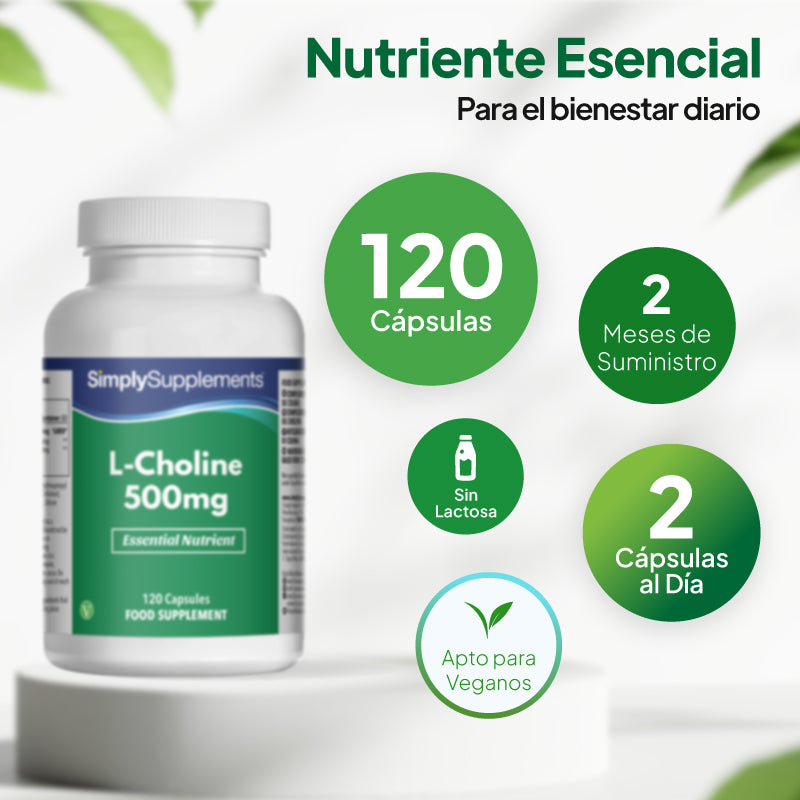 Suplemento de L-colina de 500 mg de Simply Supplements, con 120 cápsulas, suministro para 2 meses, 2 cápsulas al día, sin lactosa y apto para veganos.
