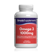 Frasco de suplemento con la etiqueta «Omega 3 1000mg Simply Supplements», de color rojo sobre fondo blanco.