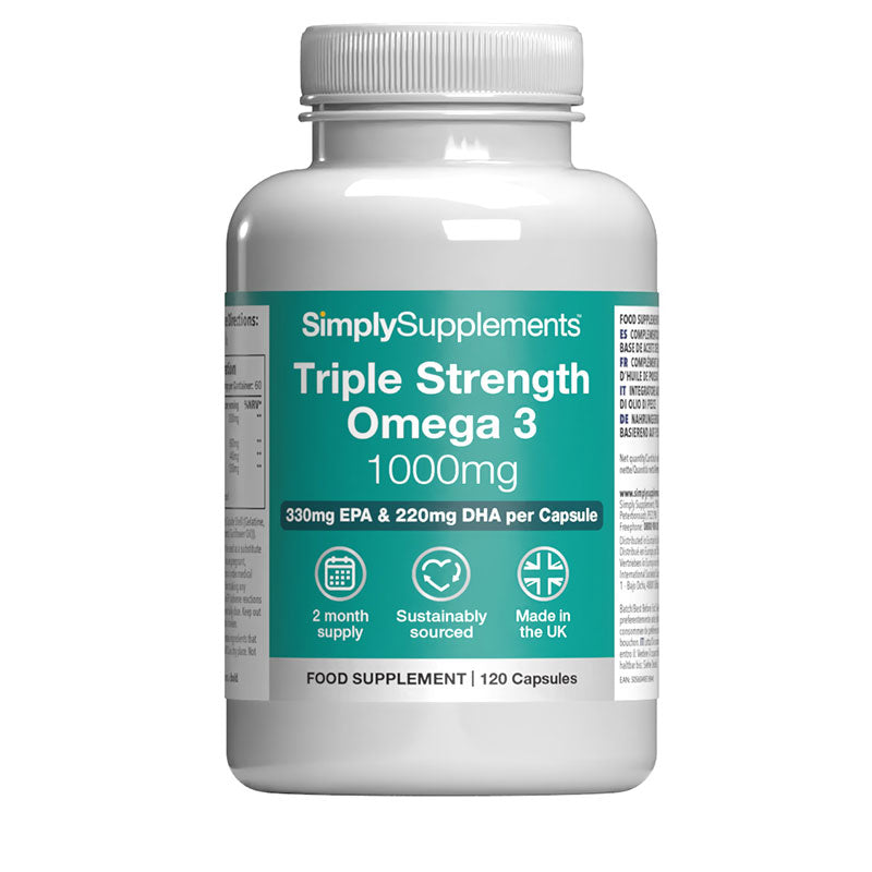 Frasco de suplemento con la etiqueta «Omega 3 1000mg Triple Acción Simply Supplements», de color verde sobre fondo blanco.