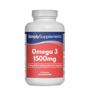 Frasco de suplemento con la etiqueta «Omega 3 1500mg Simply Supplements», de color rojo sobre fondo blanco.