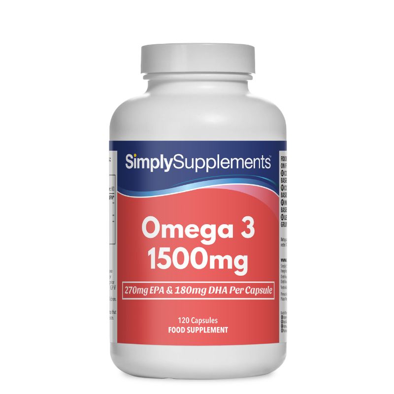 Frasco de suplemento con la etiqueta «Omega 3 1500mg Simply Supplements», de color rojo sobre fondo blanco.