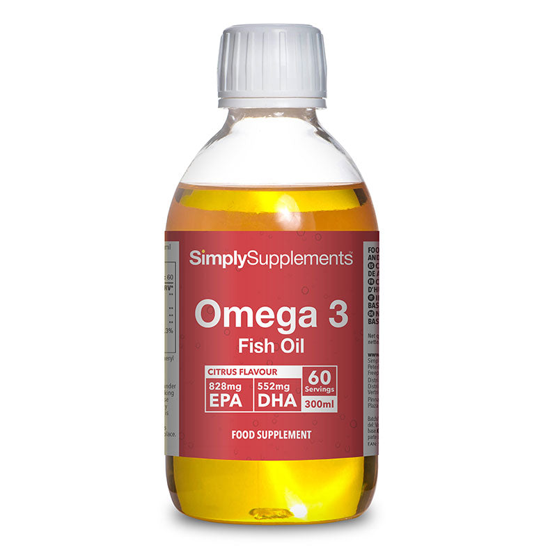 Frasco de suplemento con la etiqueta «Omega 3 Líquido Simply Supplements», de color rojo sobre fondo blanco.