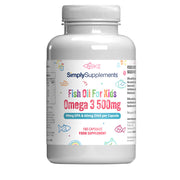 Frasco de suplemento con la etiqueta «Omega 3 para Niños 500mg Simply Supplements», de color blanco sobre fondo blanco.