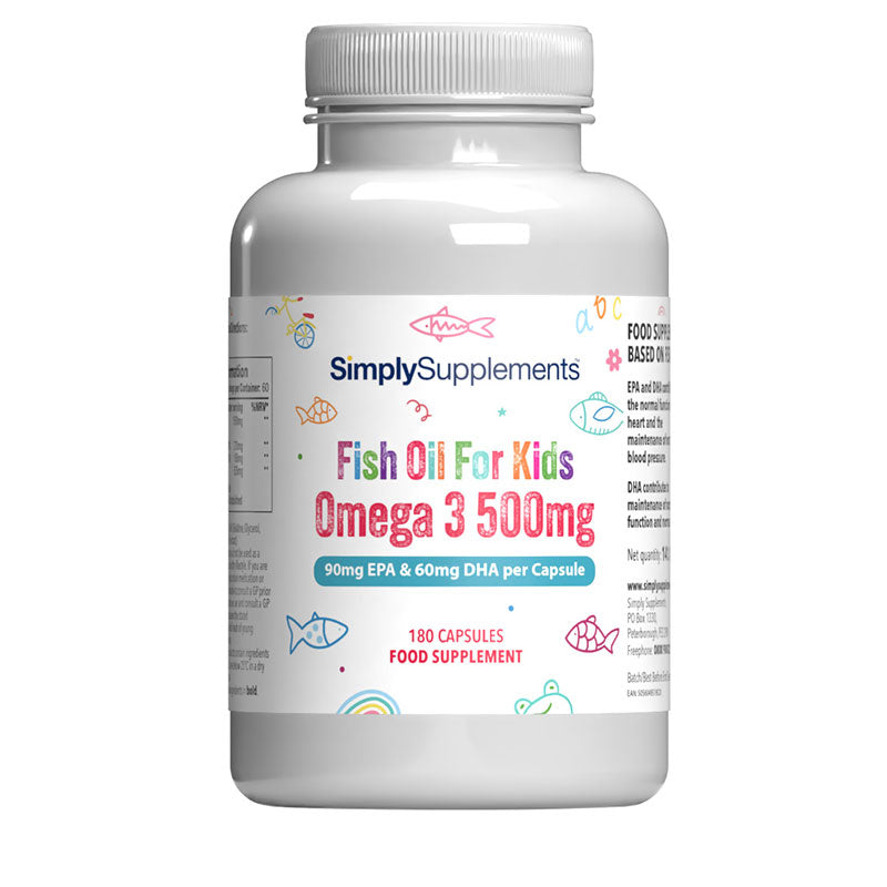 Frasco de suplemento con la etiqueta «Omega 3 para Niños 500mg Simply Supplements», de color blanco sobre fondo blanco.