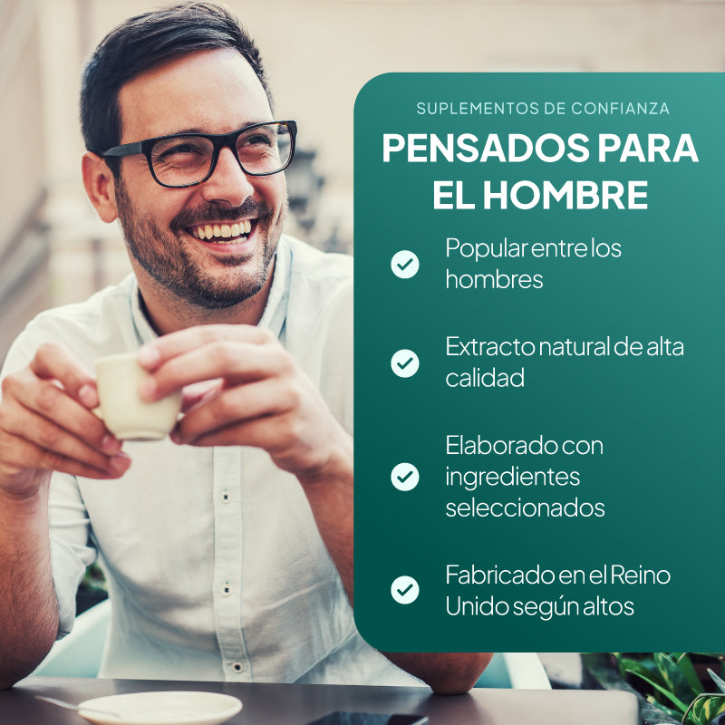 Un hombre sonriente, con gafas y una camisa clara, aparece sentado con una taza en la mano; a su derecha hay un gran panel de texto en español de color verde azulado en el que se lee «PENSADOS PARA EL HOMBRE» y una lista con puntos clave sobre suplementos para la confianza. No se muestra claramente el envase del producto, por lo que no se trata de una imagen de «Producto/Envase».