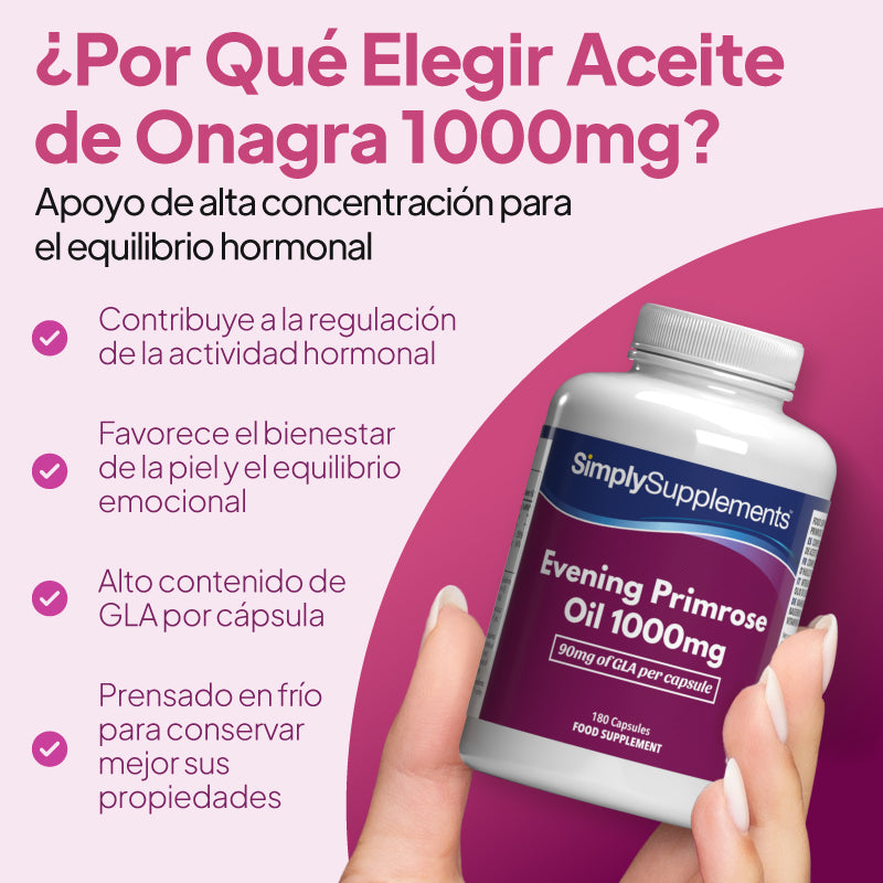 Imagen promocional en español de un frasco de aceite de onagra de SimplySupplements de 1000 mg, sostenido por una mano sobre un fondo rosa y magenta, con texto sobre el apoyo hormonal y una lista con viñetas.