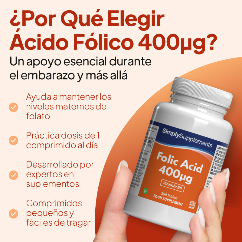 Una mano que sostiene un frasco blanco del complemento alimenticio «SimplySupplements Ácido fólico 400¹g», sobre un fondo gráfico en tonos cálidos de beige y naranja con un texto promocional en español.