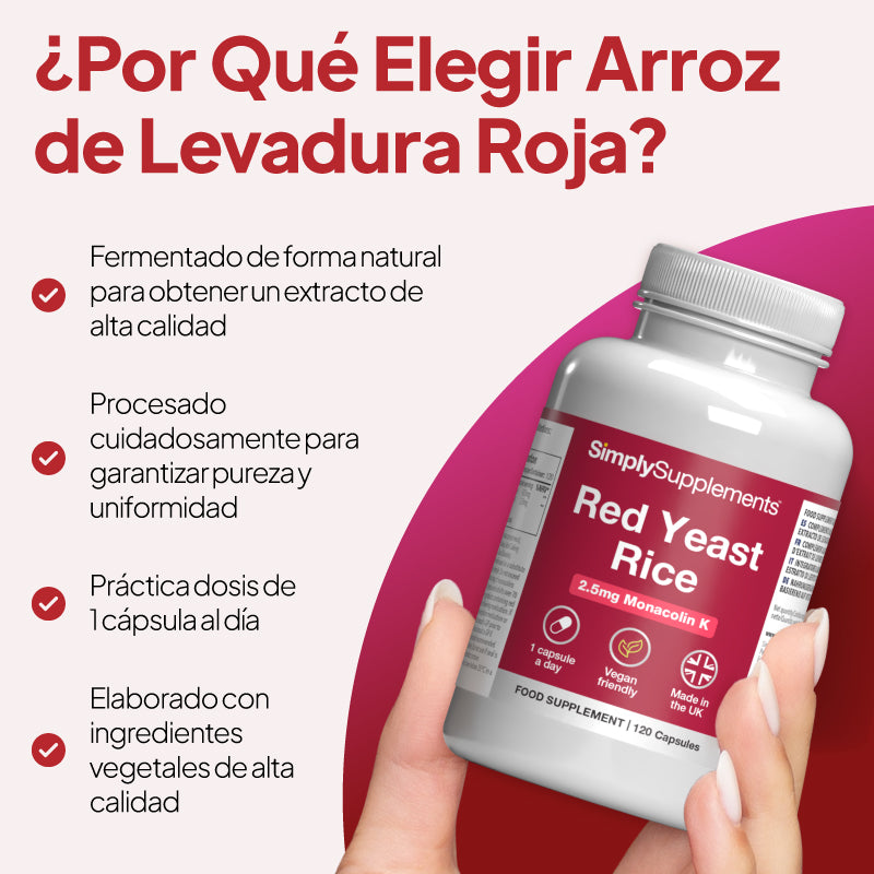 Una mano que sostiene un frasco de cápsulas del complemento alimenticio «Red Yeast Rice» de SimplySupplements, sobre un gráfico promocional con texto en español que destaca las ventajas del producto.