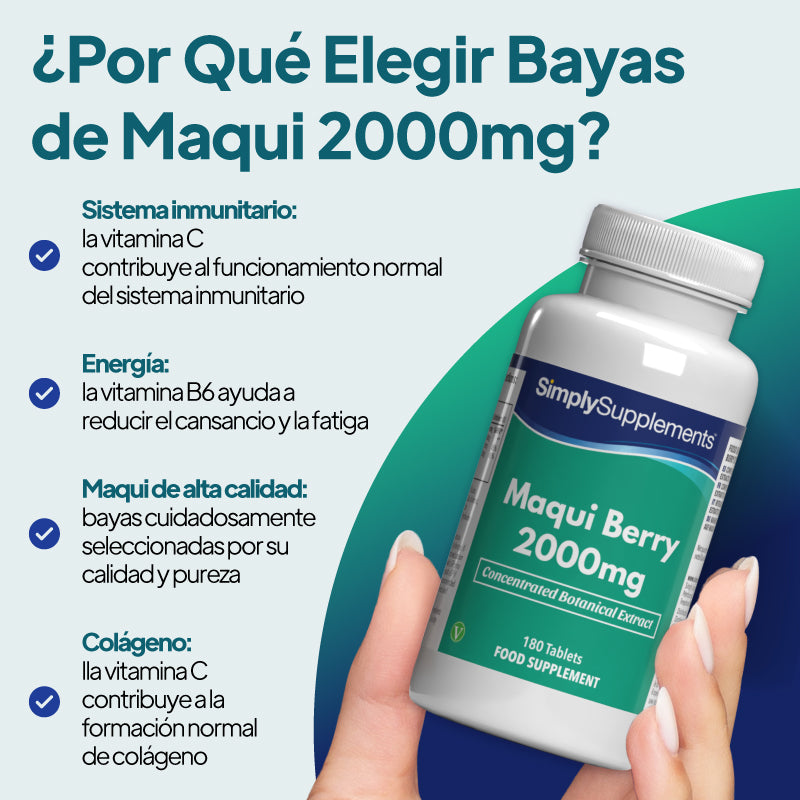 Las pastillas de baya de maqui de 2.000 mg de Simply Supplements refuerzan la función inmunitaria y ayudan a reducir el cansancio y la fatiga.