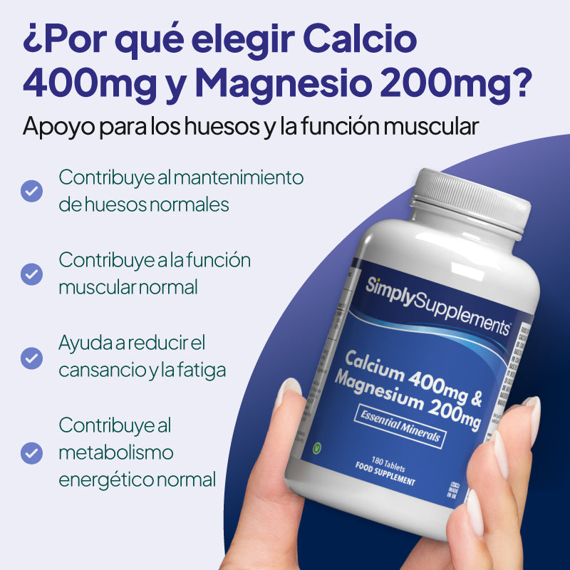 Las pastillas de calcio (400 mg) y magnesio (200 mg) de Simply Supplements contribuyen al mantenimiento de los huesos, favorecen la contracción muscular y reducen el cansancio y la fatiga.