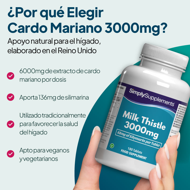 Imagen promocional del producto «Simply Supplements Milk Thistle 3000 mg» en la que se muestra un frasco en la mano, con un texto que destaca los 6000 mg de extracto de cardo mariano por ración, los 136 mg de silimarina (compuesto activo), su uso tradicional para el cuidado natural del hígado y su idoneidad para veganos y vegetarianos.