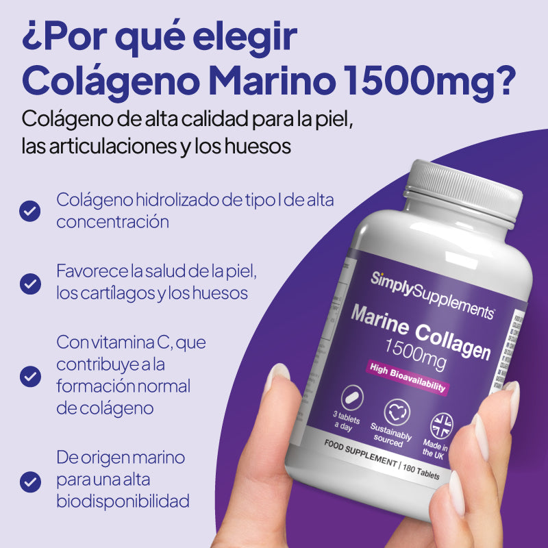 Una mano que sostiene un frasco del complemento alimenticio «SimplySupplements Marine Collagen 1500 mg», sobre un fondo gráfico en tonos morados y lavanda claro, con un texto en español que destaca sus beneficios.