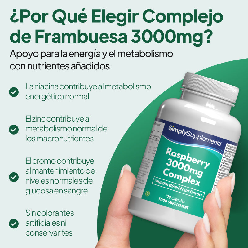 Una mano que sostiene un frasco blanco del complemento alimenticio «SimplySupplements Raspberry 3000 mg Complex», sobre un fondo gráfico promocional en verde y blanco con texto en español que destaca beneficios como el aporte de energía y el apoyo al metabolismo.