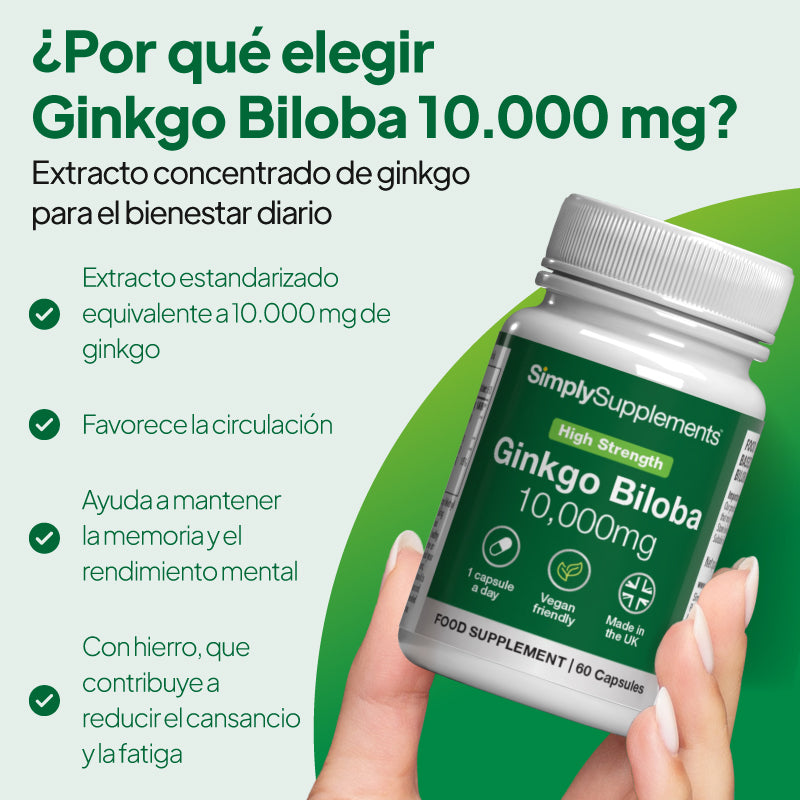 Imagen del suplemento «Simply Supplements Ginkgo Biloba 10 000 mg» en la que se destaca el extracto estandarizado de ginkgo equivalente a 10 000 mg, que favorece la circulación en el cerebro y el cuerpo, ayuda a mantener la memoria y el rendimiento mental, y contiene hierro añadido para reducir el cansancio y la fatiga.