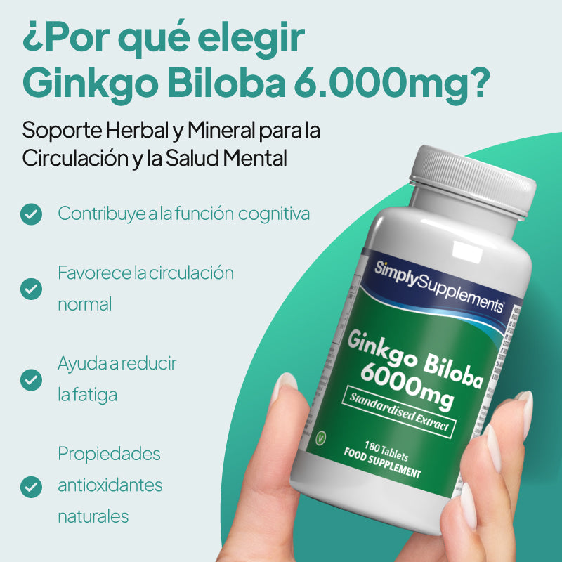 Una mano sostiene un frasco blanco del complemento alimenticio «SimplySupplements Ginkgo Biloba 6000 mg» sobre un fondo gráfico en tonos verde azulado y azul claro, con texto en español y marcas de verificación.