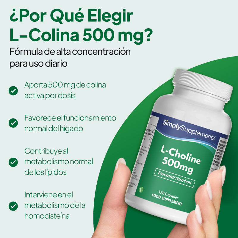 Imagen de «Simply Supplements L-Colina 500 mg» en la que se destaca que cada ración contiene 500 mg de colina activa y que contribuye al funcionamiento normal del hígado, al metabolismo normal de los lípidos y al metabolismo de la homocisteína.
