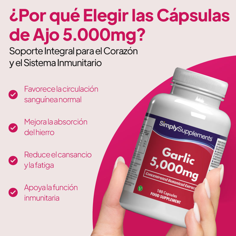 Una mano que sostiene un frasco blanco de cápsulas del complemento alimenticio «SimplySupplements Garlic 5.000 mg», sobre un fondo gráfico promocional en tonos rosa y blanco con texto en español que destaca sus beneficios para el corazón y el sistema inmunitario.