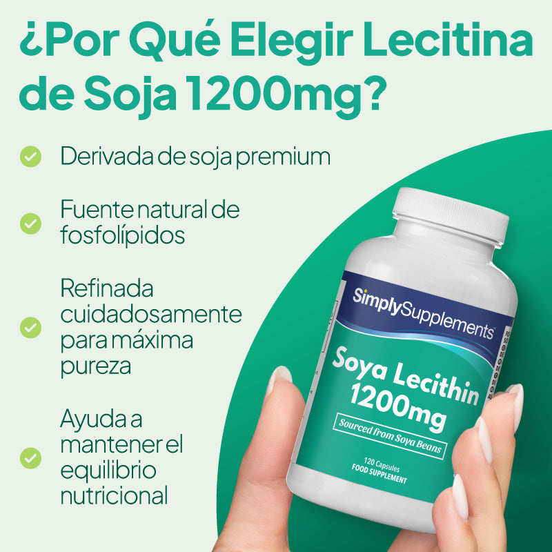 Una mano que sostiene un frasco blanco de «SimplySupplements Soya Lecithin 1200 mg» sobre un fondo gráfico verde y blanco, con un texto en español que destaca las ventajas del producto.
