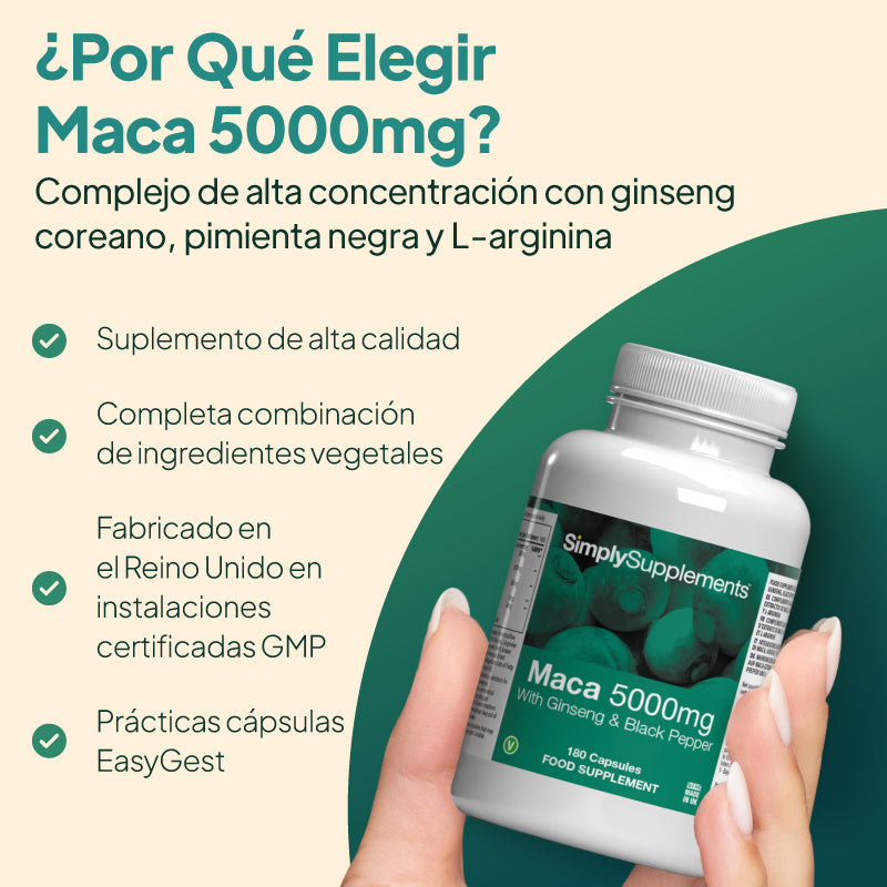 Imagen promocional del producto «Simply Supplements Maca 5000 mg con ginseng y pimienta negra», en la que se muestra un primer plano del frasco sobre un fondo claro con un panel informativo en blanco que destaca los suplementos de primera calidad, su diseño orientado al bienestar y la vitalidad, una mezcla completa de ingredientes botánicos, su fabricación en el Reino Unido en instalaciones con certificación GMP, el ginseng coreano, la pimienta negra y la L-arginina, así como las prácticas cápsulas EasyGest