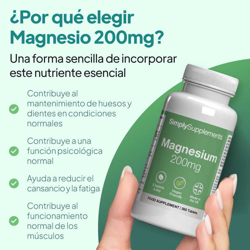 Una mano que sostiene un frasco blanco del complemento alimenticio «SimplySupplements Magnesium 200 mg», sobre un fondo verde menta con texto promocional en español y una lista con viñetas.