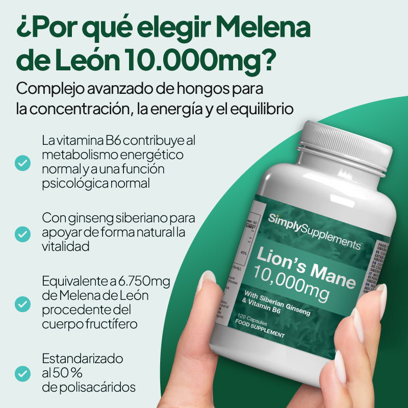Imagen de «Simply Supplements: Melena de león y ginseng siberiano con vitamina B6», en la que se destacan los 6.750 mg de melena de león procedente del cuerpo fructífero, estandarizada al 50 % de contenido en polisacáridos, con ginseng siberiano añadido para fomentar la resistencia natural y vitamina B6 para favorecer la energía y las funciones cognitivas.