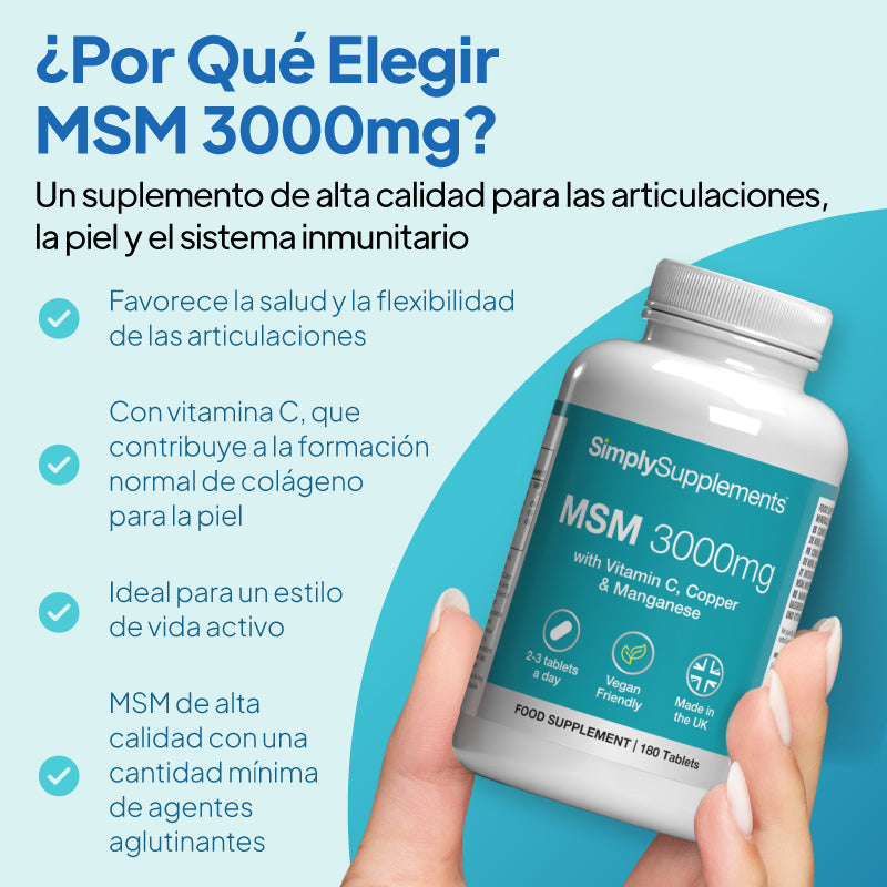 Una mano que sostiene un frasco blanco del complemento alimenticio «SimplySupplements MSM 3000 mg», sobre un fondo gráfico en tonos azul claro y verde azulado, con texto promocional en español y una lista con viñetas.