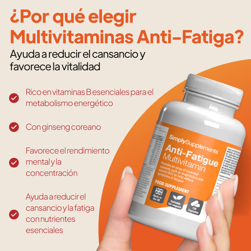 Una mano sostiene un frasco blanco de «SimplySupplements Anti-Fatigue Multivitamin» sobre un fondo promocional en tonos beige y naranja, con un texto en español que destaca sus beneficios.