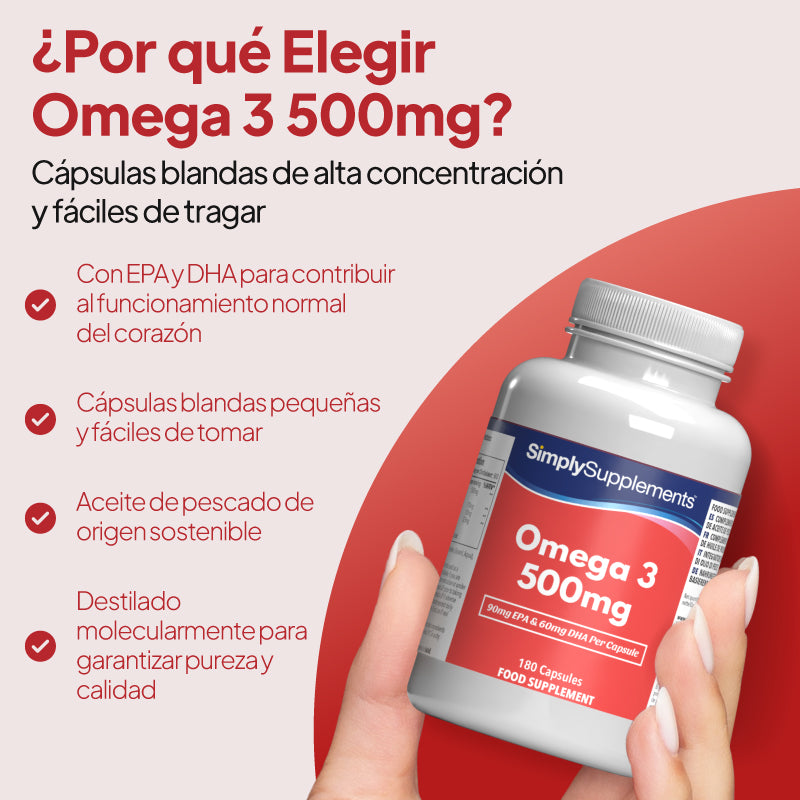 Una mano que sostiene un frasco de cápsulas blandas de aceite de pescado omega 3 de SimplySupplements, de 500 mg, con texto publicitario sobre un fondo azul claro y verde azulado oscuro. El texto destaca que las cápsulas son pequeñas, fáciles de tragar y que el aceite de pescado procede de fuentes sostenibles.