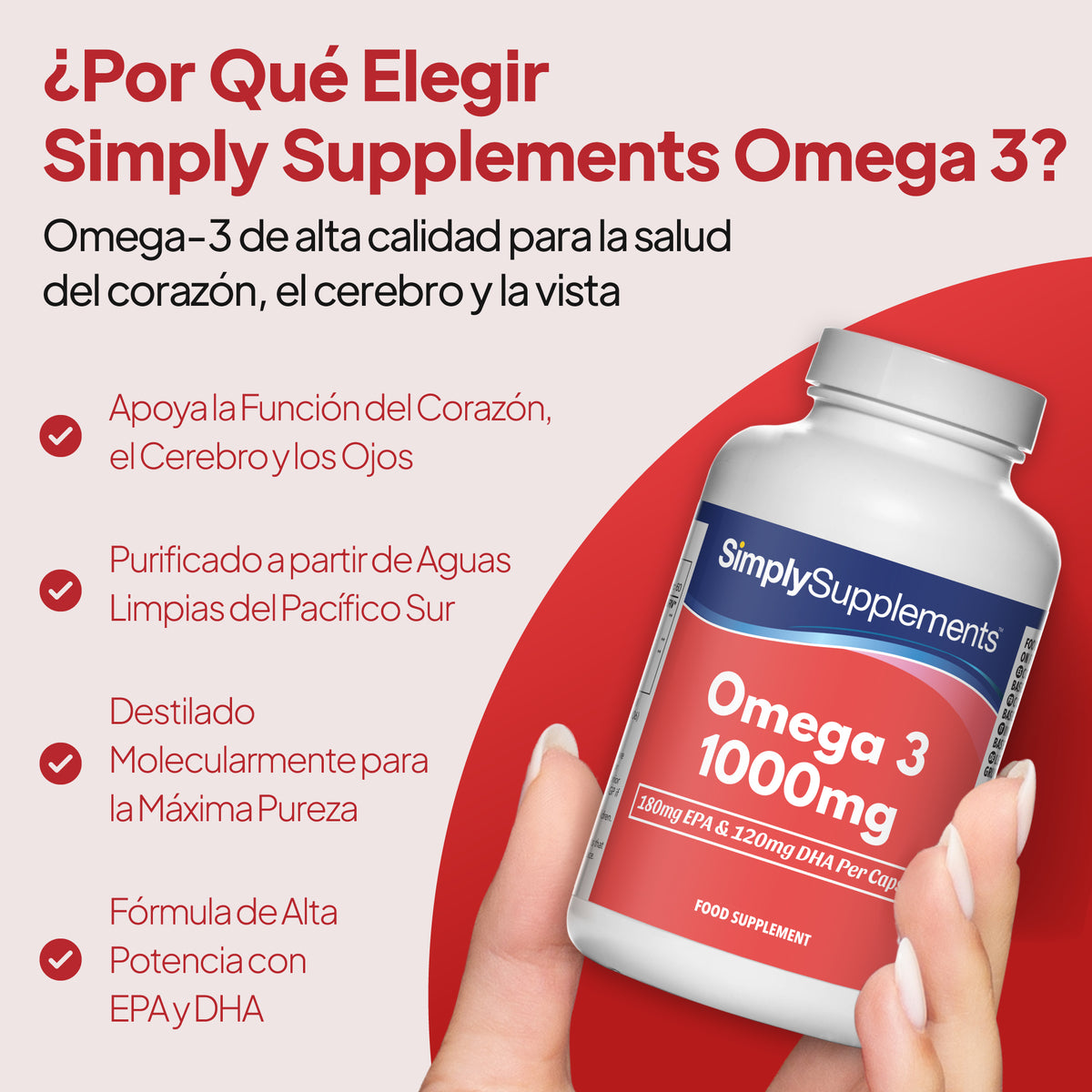 Una mano que sostiene un frasco blanco del complemento alimenticio «Simply Supplements Omega 3 1000 mg», sobre un fondo gráfico promocional en tonos rojos y beige claro con texto en español que destaca sus beneficios para el corazón, el cerebro y la vista.