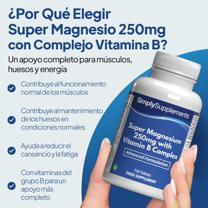 «Super Magnesium con complejo vitamínico B» favorece el funcionamiento normal de los músculos, contribuye a la salud ósea y reduce el cansancio y la fatiga.
