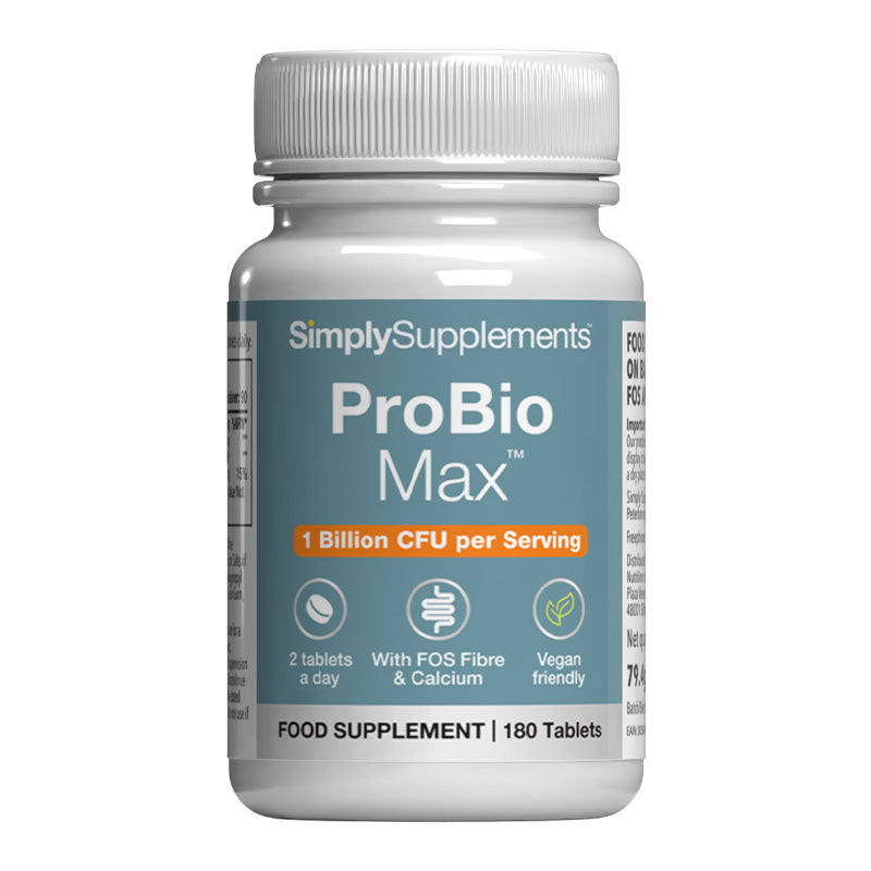 Frasco de suplemento con la etiqueta «Probio Max Simply Supplements», de color gris sobre fondo blanco.