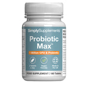 Frasco de suplemento con la etiqueta «Probiotic Max Simply Supplements», de color gris sobre fondo blanco.