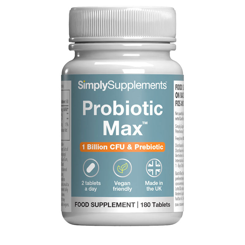 Frasco de suplemento con la etiqueta «Probiotic Max Simply Supplements», de color gris sobre fondo blanco.