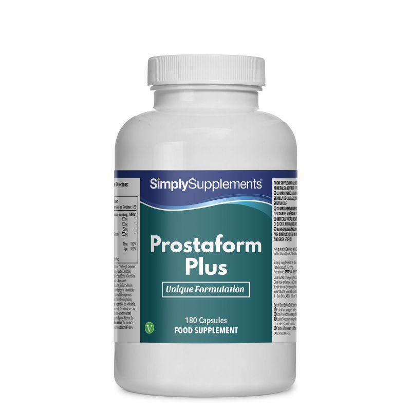 Frasco de suplemento con la etiqueta «Prostaform Plus Simply Supplements», de color verde sobre fondo blanco.
