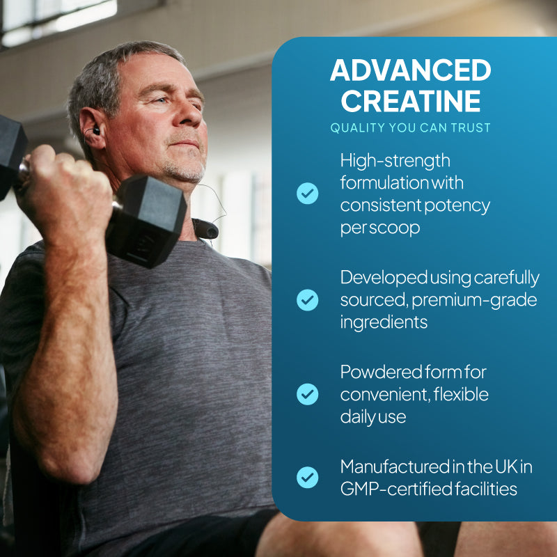Lifestyle promotional graphic for SimplyGo creatine, showing a man lifting a dumbbell in a gym beside a blue text panel reading “Advanced Creatine,” with points highlighting high-strength formulation, premium-grade ingredients, powdered format for flexible daily use, and manufacture in UK GMP-certified facilities.