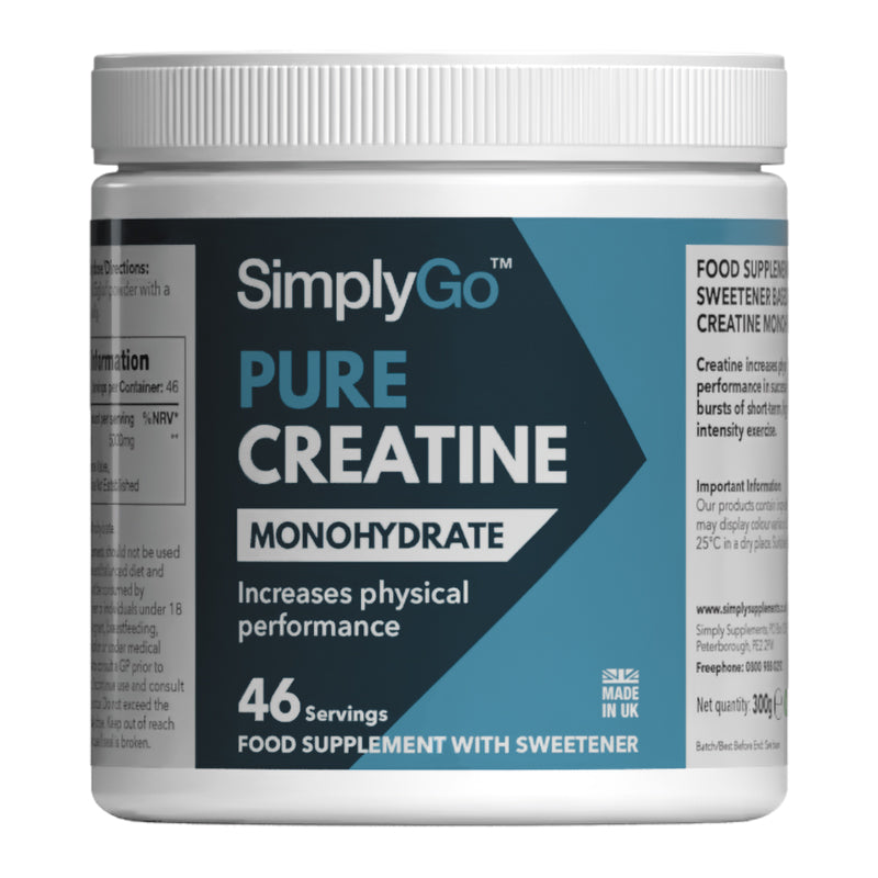 Front pack shot of SimplyGo Pure Creatine Monohydrate in a white tub with a blue and black label on a light grey background, highlighting pure creatine monohydrate, increased physical performance, 46 servings, and UK manufacture.