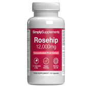 Frasco de suplemento con la etiqueta «Rosa Mosqueta 12.000mg Simply Supplements», de color rojo sobre fondo blanco.