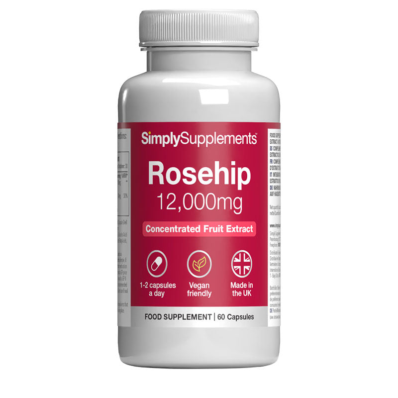Frasco de suplemento con la etiqueta «Rosa Mosqueta 12.000mg Simply Supplements», de color rojo sobre fondo blanco.