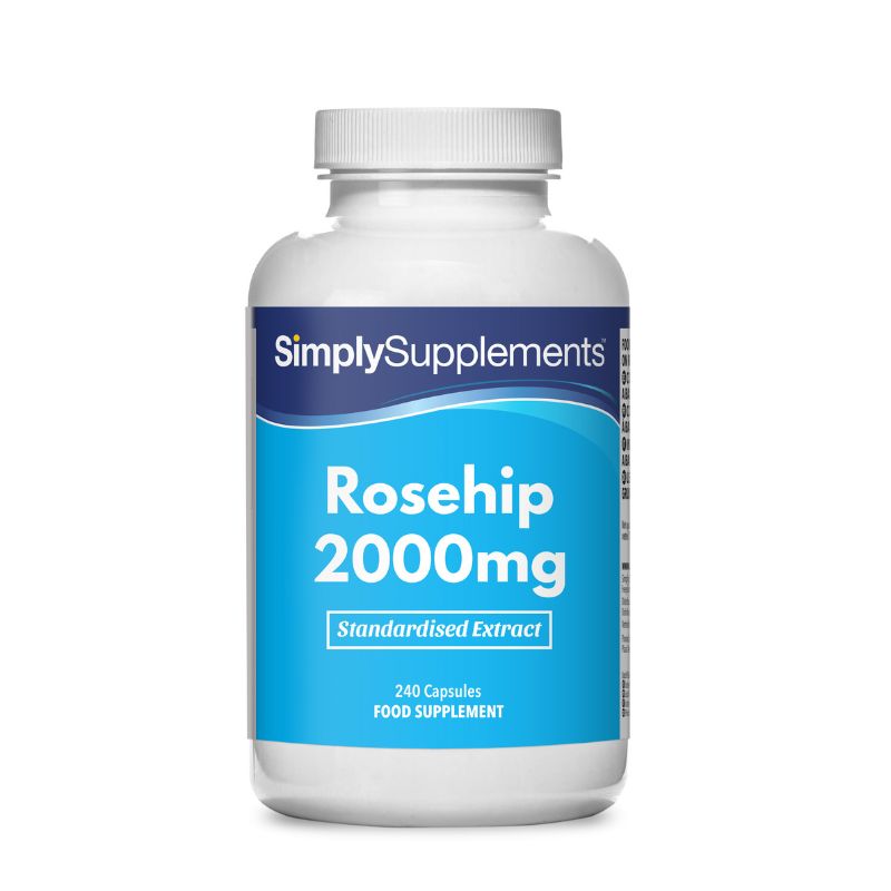 Frasco de suplemento con la etiqueta «Rosa Mosqueta 2000mg Simply Supplements», de color celeste sobre fondo blanco.