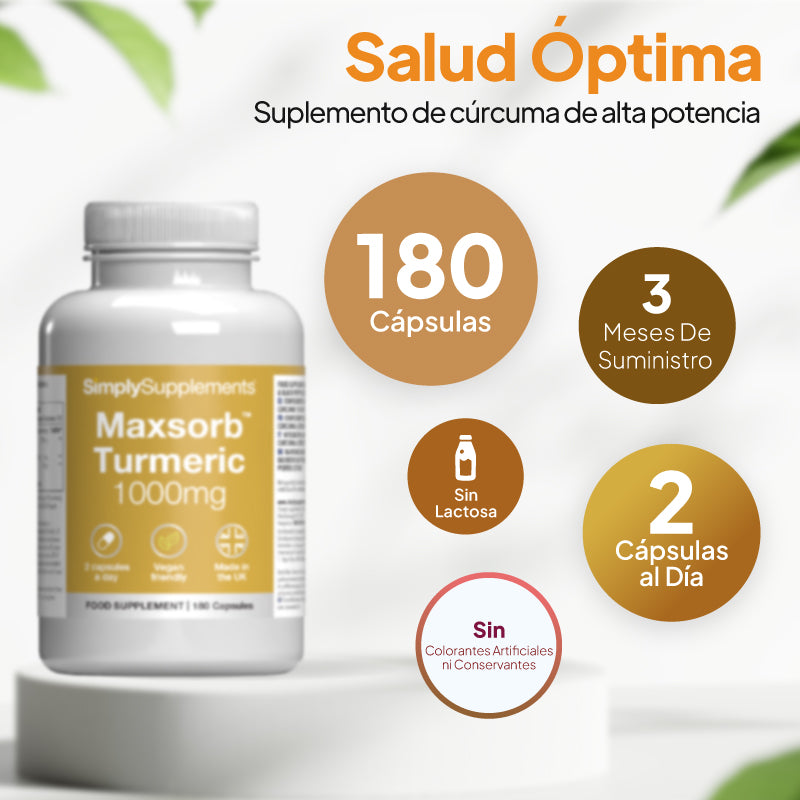 Frasco del suplemento SimplySupplements Maxsorturmeric de 1000 mg, colocado sobre un pedestal blanco, con texto promocional en español y recuadros circulares en los que se indican el número de cápsulas, la duración del tratamiento, la dosis diaria y las declaraciones de «sin lactosa» y «sin antioxidantes».