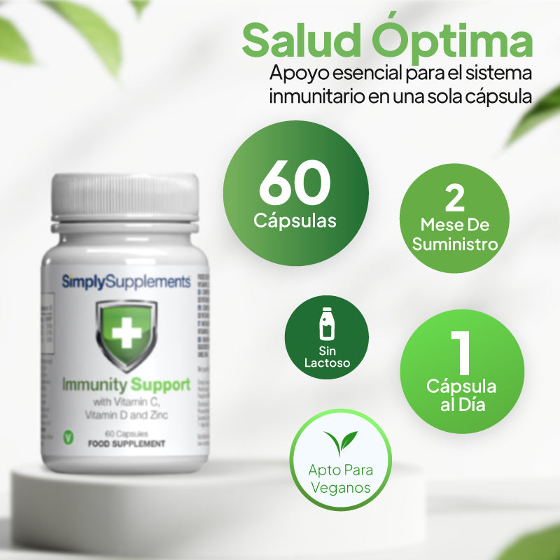 Un frasco blanco del complemento alimenticio «Immunity Support» de SimplySupplements sobre un pedestal blanco, rodeado de círculos promocionales verdes con texto en español: 60 cápsulas, suministro para 2 meses, sin lactosa, 1 cápsula al día y apto para veganos. El fondo es blanco con suaves sombras de hojas verdes.