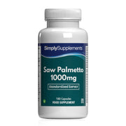 Frasco de suplemento con la etiqueta «Saw Palmetto 1000mg Simply Supplements», de color verde sobre fondo blanco.