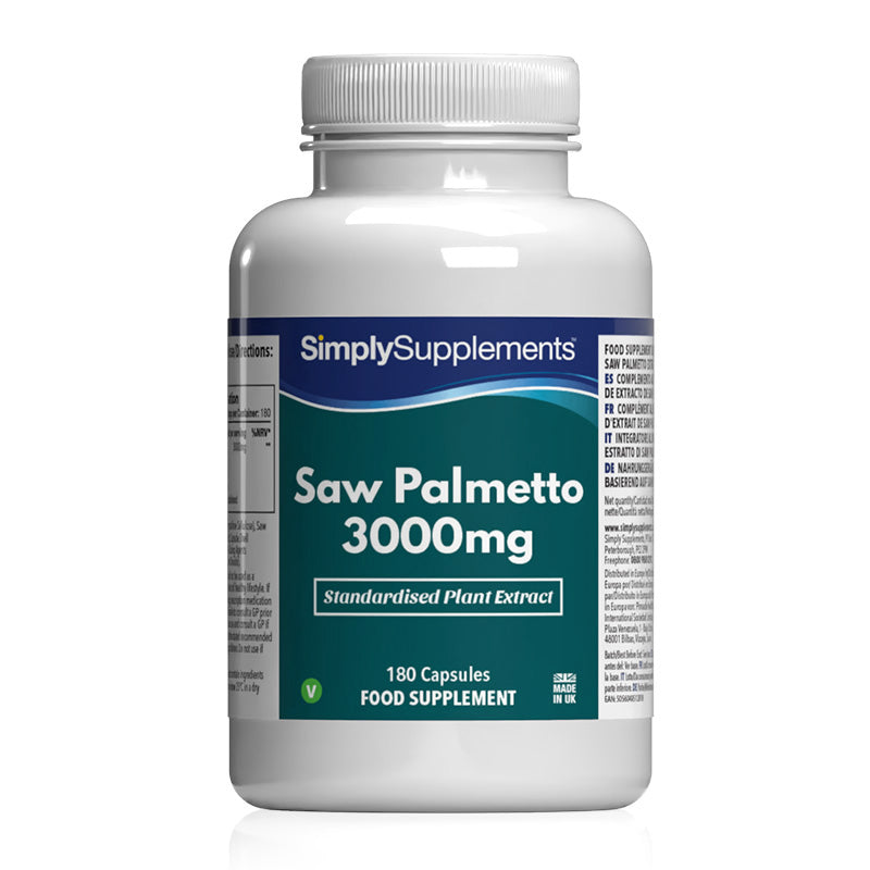 Frasco de suplemento con la etiqueta «Saw Palmetto 3000mg Simply Supplements», de color verde sobre fondo blanco.