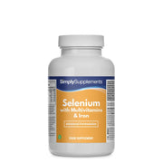 Frasco de suplemento con la etiqueta «Selenio 220 mcg con Multivitaminas y Hierro Simply Supplements», de color amarillo sobre fondo blanco.
