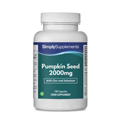 Frasco de suplemento con la etiqueta «Semilla de Calabaza 2000mg Simply Supplements», de color verde sobre fondo blanco.