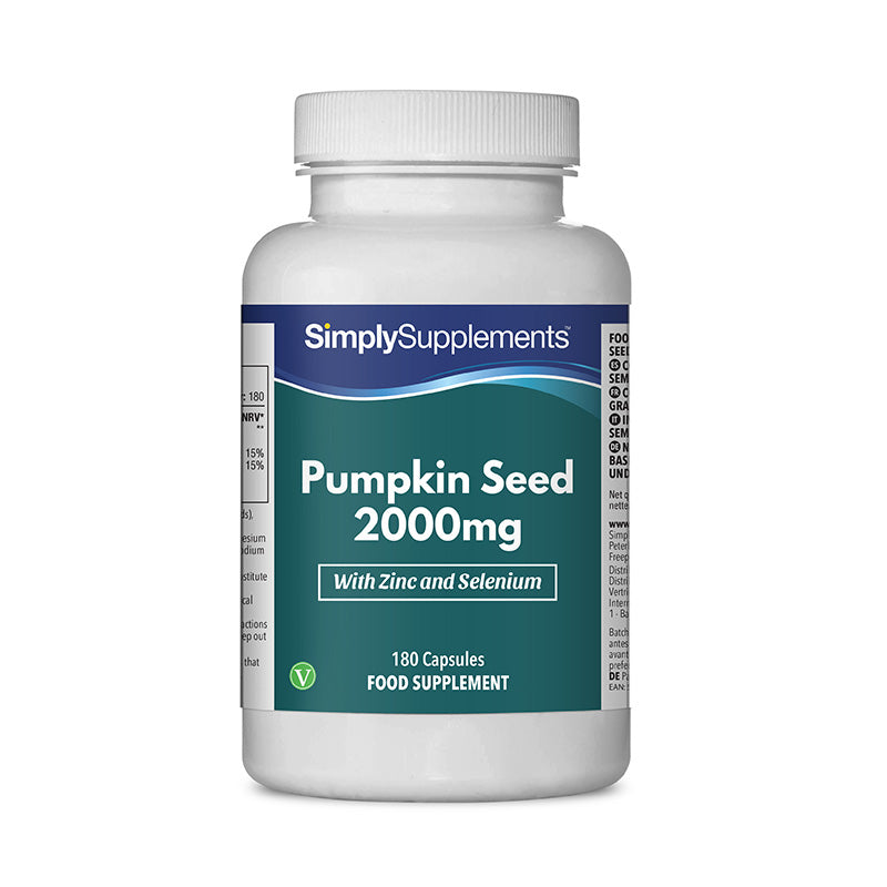 Frasco de suplemento con la etiqueta «Semilla de Calabaza 2000mg Simply Supplements», de color verde sobre fondo blanco.