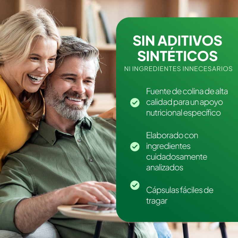 Imagen promocional de «Simply Supplements L-Colina 500 mg» que destaca la ausencia de aditivos sintéticos, los ingredientes sometidos a controles de calidad, el apoyo nutricional específico y un formato en cápsulas fácil de tragar.

